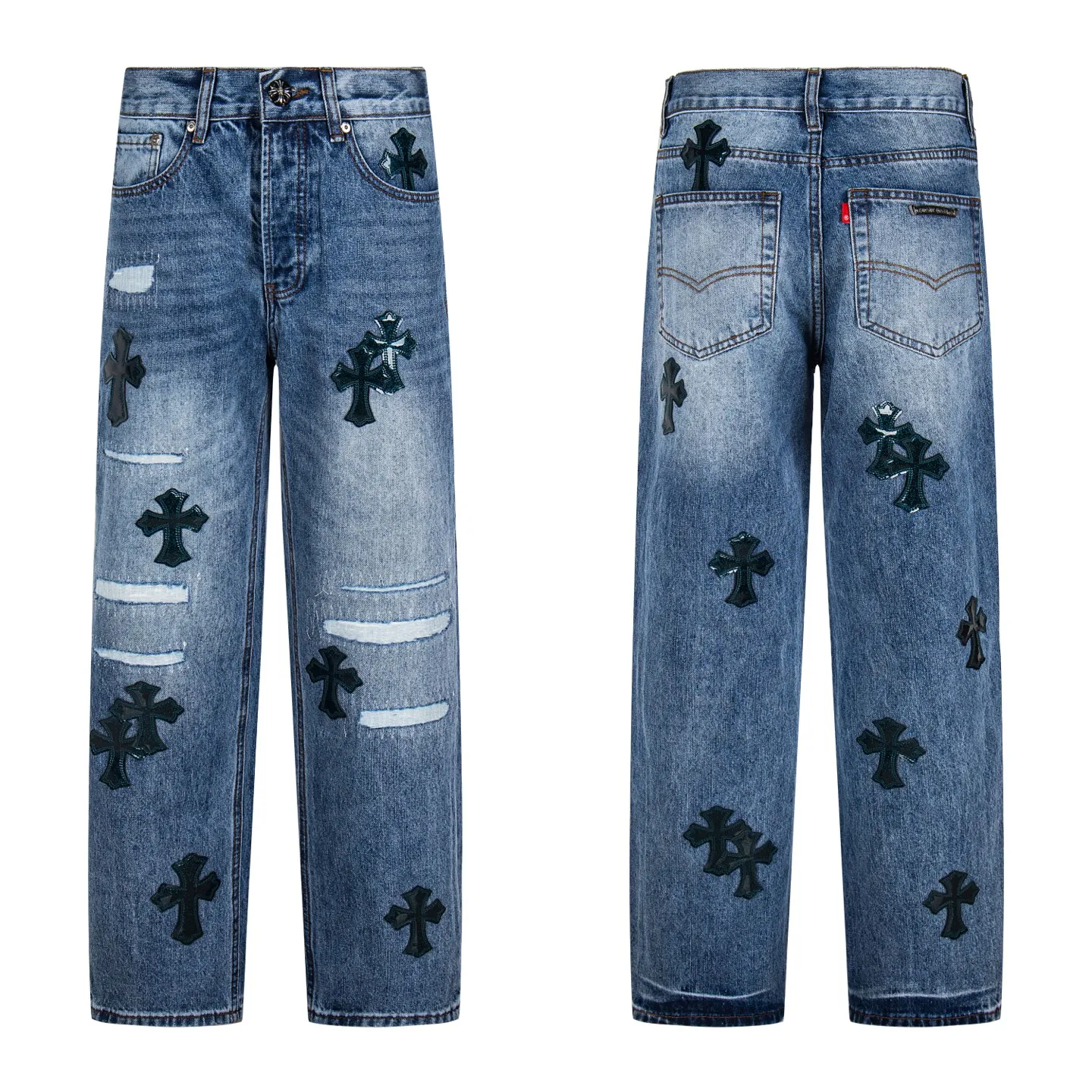 P280 (Higher version, evergreen style) Chrome Hearts/Chrome Hearts 25FW CH Blue Pants Starry Sky Hole Laminated Cross Bamboo Jeans. It adopts starry sky theme leather elements, mostly presented in the shape of a cross, with glitter on the leather surface. Unique design with simple and elegant details, exquisite workmanship, neat lines of the entire trousers, and perfect details! It’s also so cool that both men and women can easily control it. It’s a gender-neutral trendy up version. Style number: 1766# Color: blue Size: 28 30 32 34 36